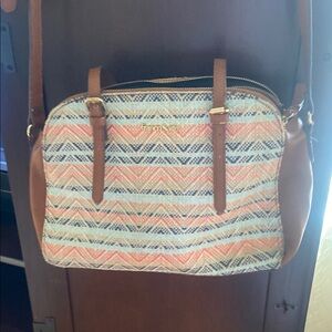 Cream & Brown Shoulder Bag with Leather Trim by Franco Sarto. It has two strap.